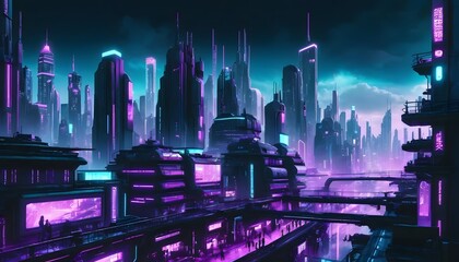 Neon Metropolis Nights Futuristic Cityscape Illuminated by Vibrant Purple and Teal Lights