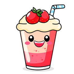 Cute Strawberry Milkshake Cartoon Kawaii Sticker. Character Vector Illustration