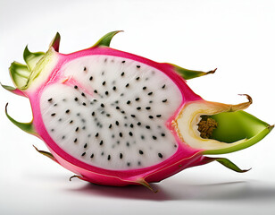 A single vibrant dragon fruit with a bright pink outer skin and green spikes, cut open to reveal white flesh with black seeds, isolated on a clean white background