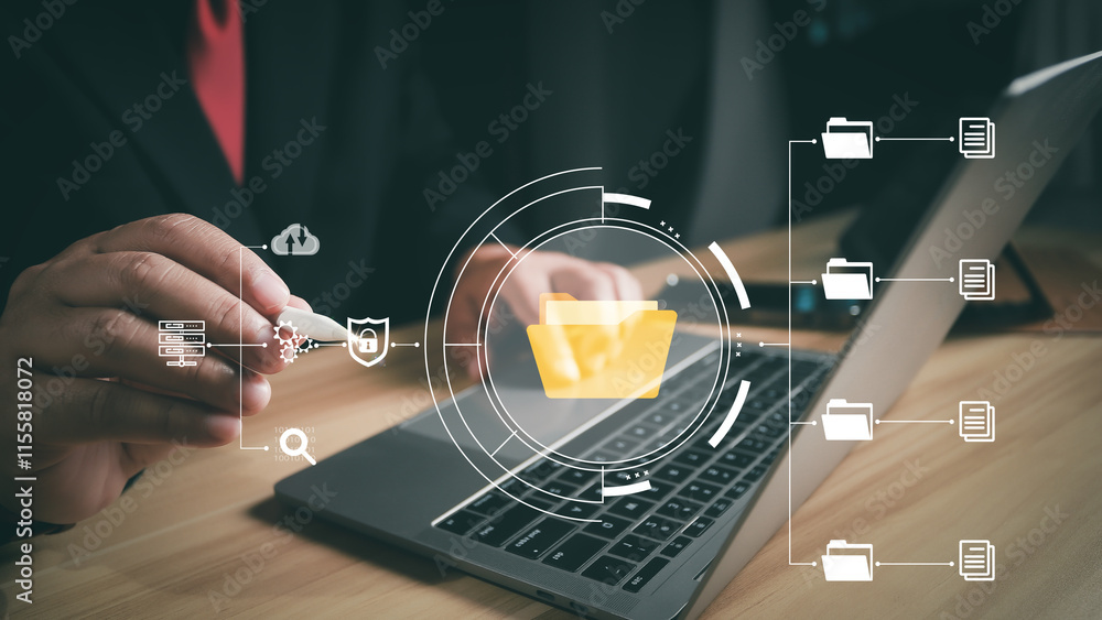 Poster document management system (dms), businessman using digital documents to search, store, archive and 
