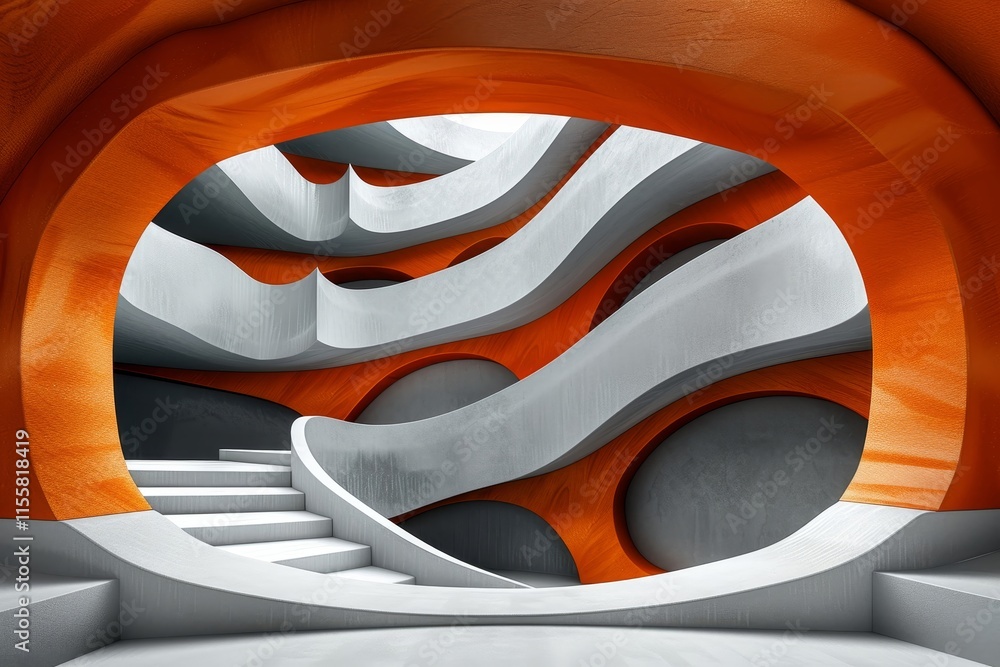 Aufkleber curved walls in shades of orange and gray create a striking contrast in this modern architecture int