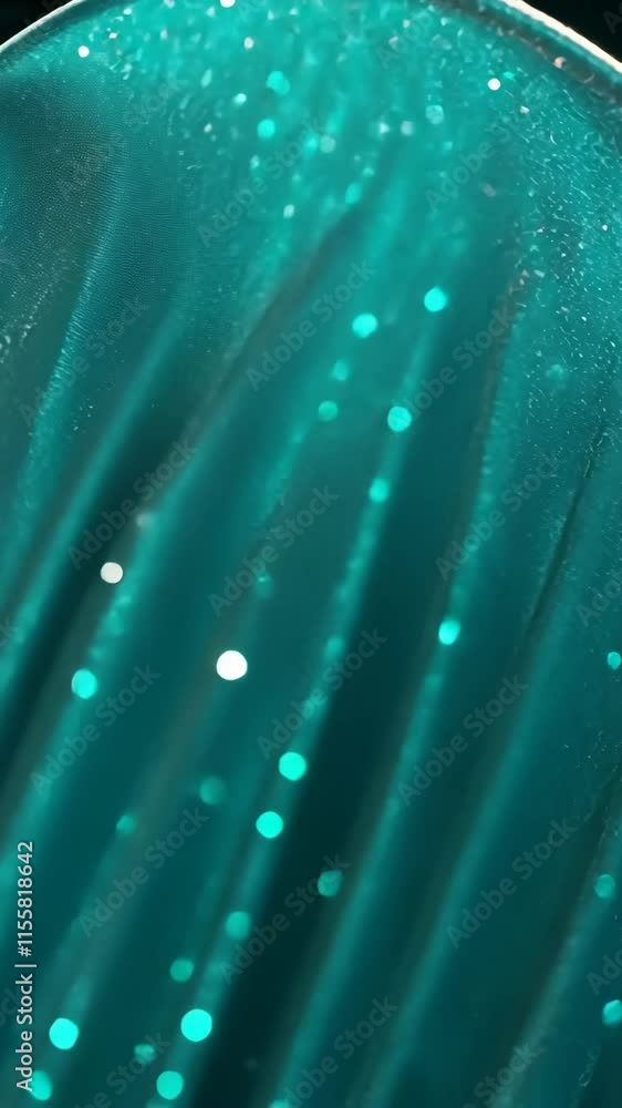 Poster shimmering teal fabric with sparkling sequins reflecting light in a close-up view