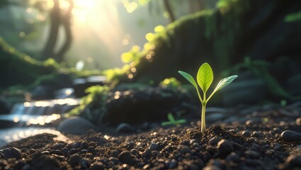 A dicotyledonous tree sprouts from the soil in a forest, bathed in sunlight. The image captures nature, planting, growth, and environmental beauty with vibrant leaves and soil.