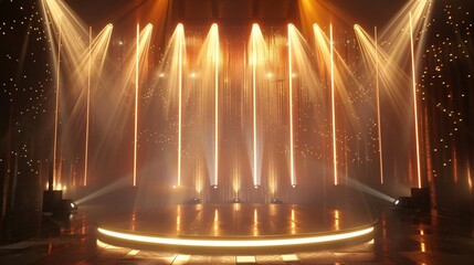 Dramatic Stage Lighting with Golden Beams and Sparkling Background Effects