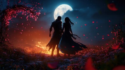 Fototapeta premium A couple is standing in a field of flowers, with a large moon in the background