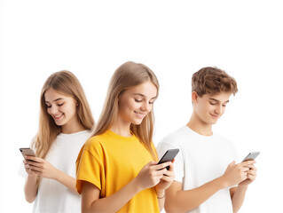 Three smiling young people looking at their smartphones, symbolizing social media, communication, and modern technology in a connected world.