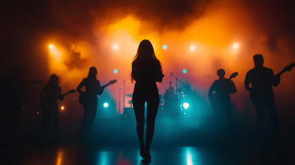 Female singer performing on stage with band in background