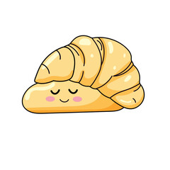 Cute Croissant Cartoon Kawaii Sticker. Character Vector Illustration