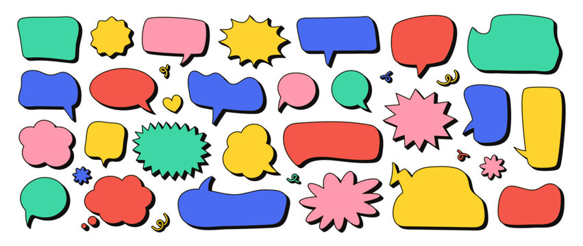 Cartoon funky speech bubbles, playful blank chat balloons in various shapes. Groovy talk balloon stickers, colorful comic style cloud bubble, empty conversation message icon vector set