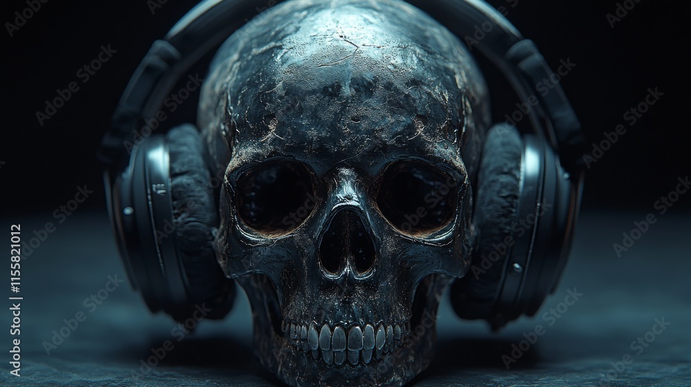 Fototapete a macabre still life featuring a human skull adorned with a pair of headphones, creating a thought-p