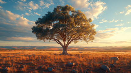 Fototapeta premium A lone eucalyptus tree standing tall in the Australian outback, surrounded by red earth and scattered rocks, golden hour light casting long shadows, dramatic and serene atmosphere