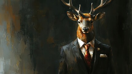 An elk in professional attire representing a corporate ethos.