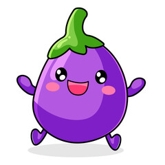 Cute Eggplant Cartoon Kawaii Sticker. Character Vector Illustration