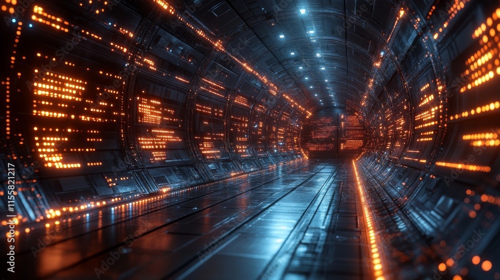 Poster A futuristic tunnel illuminated by a mesmerizing display of glowing orange lights, creating a sense of wonder and exploration