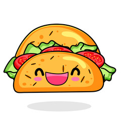 Cute Taco Cartoon Kawaii Sticker. Character Vector Illustration
