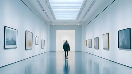 A lone person walks through a modern art gallery