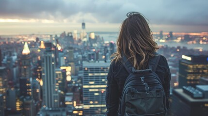 Fototapeta premium A woman with a backpack gazes over a vibrant city skyline, capturing urban exploration.