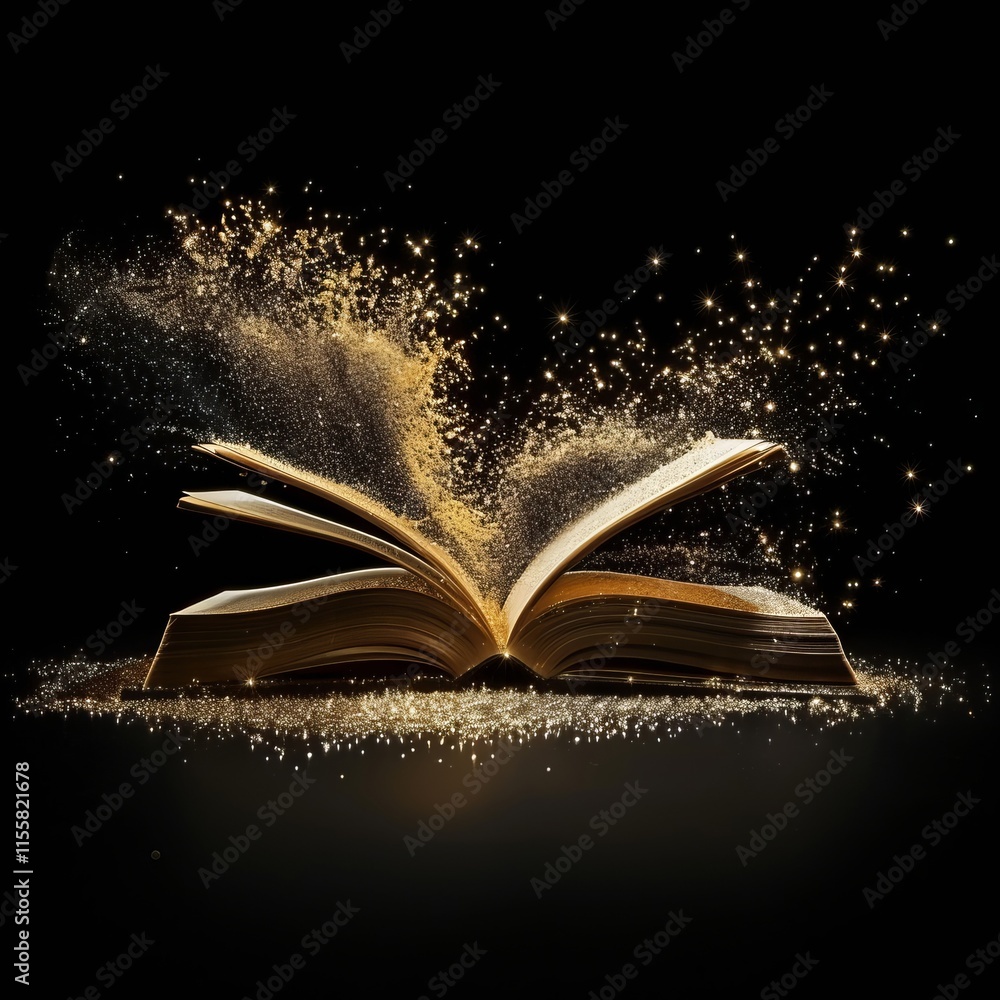 Poster an open book floats in a dark environment, emitting shimmering golden particles and light. the parti