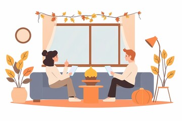 Cozy Autumn Evening: A couple relaxes on a comfy couch, bathed in the warm glow of the setting sun, surrounded by autumn leaves and pumpkins. The perfect illustration for a cozy autumn evening.