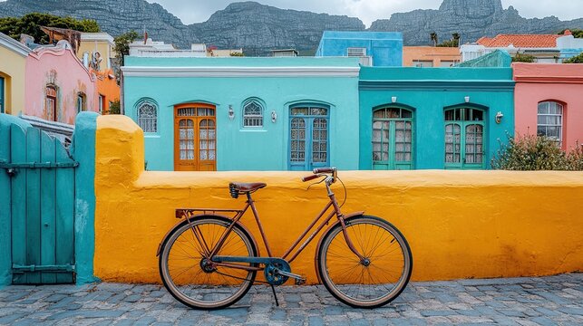 Vintage bicycle leaning against a vibrant yellow wall, backdrop of colorful houses and Table Mountain, Cape Town.