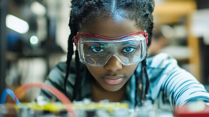 African American high school student wearing protective goggles, soldering electronics in a science and technology workshop, showcasing digital innovation in education.

