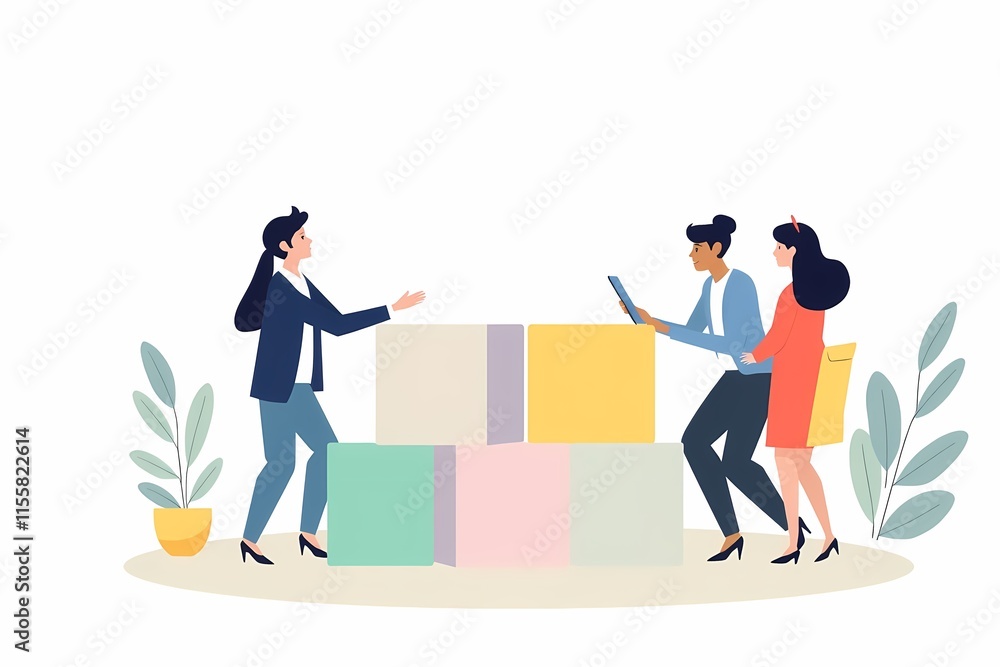 Poster building blocks of success: a vibrant team of diverse individuals collaborate on a project, with col