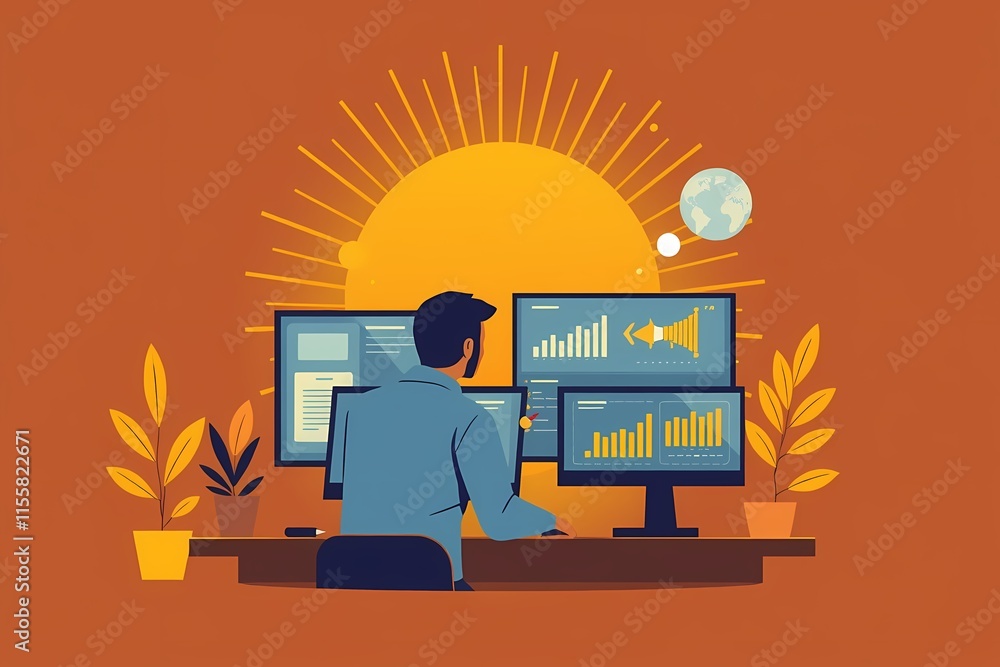 Poster businessman working on monitors with data charts