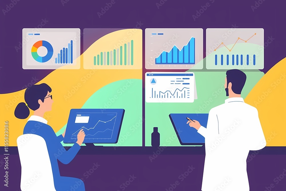 Aufkleber data driven decisions: a modern, minimalist design depicts two professionals meticulously analyzing 