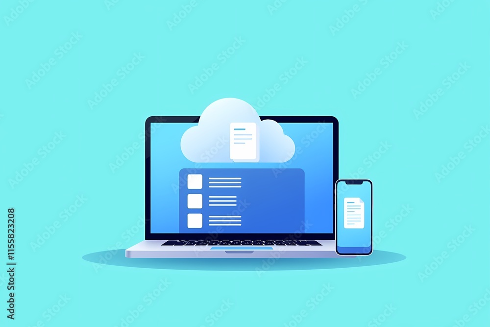 Aufkleber cloud storage and file sharing: seamless integration: a laptop and smartphone connected to a cloud s