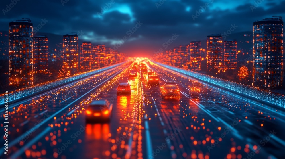 Leinwandbilder a futuristic cityscape at night, illuminated by a network of glowing lines, with autonomous vehicles