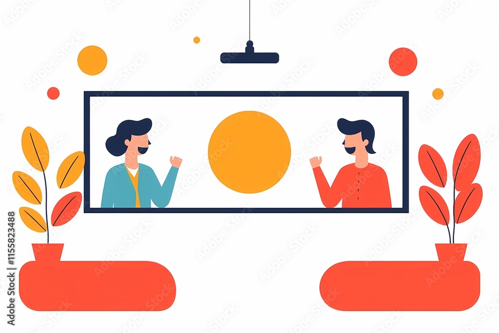 Poster team brainstorming session: flat design illustration of two colleagues collaborating on a project, e