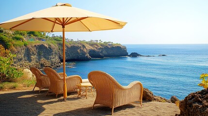 Serene coastal view with wicker chairs under a beach umbrella, overlooking the ocean. Perfect for relaxation and vacation imagery.