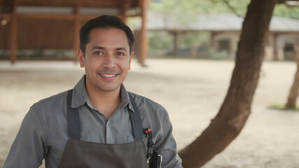 A man with a smile on his face is standing in front of a tree