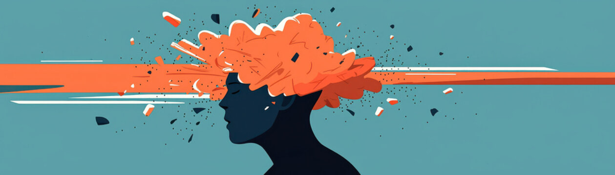 Abstract illustration of person with exploding head symbolizing mental overload and creative chaos