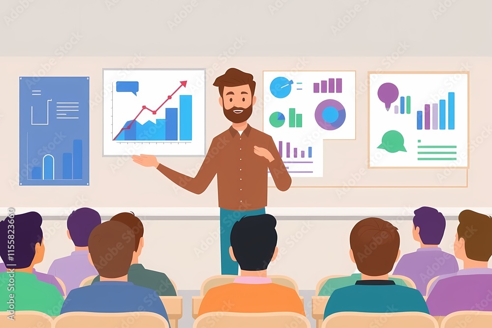 Poster business presentation: a charismatic speaker confidently presents insightful data visualizations to 