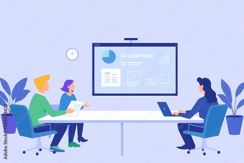 Poster strategic business meeting: a collaborative team analyzes data on a large screen during a productive