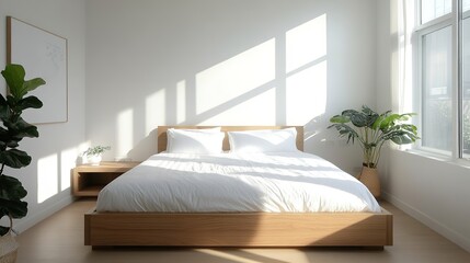 Fototapeta premium Bright bedroom features large windows, wooden furniture, and nat