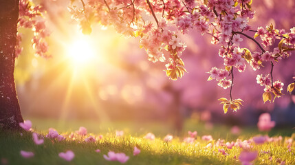 Beautiful natural scene with a blooming tree and sun flare, capturing the essence of spring.