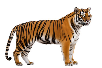 Obraz premium Majestic tiger in alert stance with realistic fur texture, orange and black stripes, high detail wildlife portrait of a powerful apex predator 