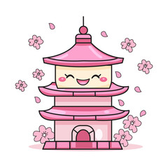 Cute Japanese Building Cartoon Kawaii Sticker. Character Vector Illustration