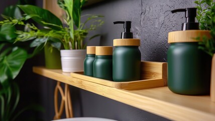 A modern bathroom shelf displays stylish green containers and plants, creating a fresh, natural aesthetic.