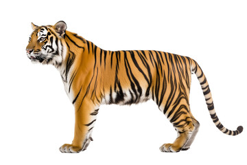 Obraz premium Majestic Tiger in Powerful Stance with Vibrant Orange and Black Stripes, Photorealistic Wildlife Art in Sharp Focus and Studio Lighting 