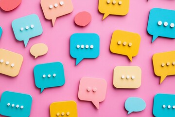 Colorful speech bubbles of various sizes decorate a pink surface for a playful design. Generative AI