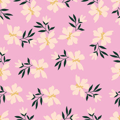 Fototapeta premium Hand drawing floral seamless pattern with cotton twigs and berries bouquets on a beige background. Winter Christmas themed background. Botanical illustration.