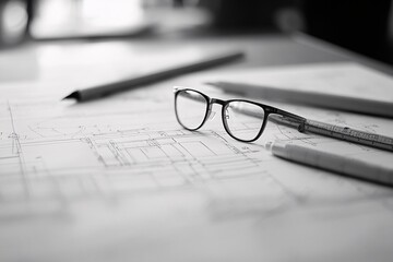 Glasses are placed on detailed architectural plans alongside pencils and a ruler. Generative AI
