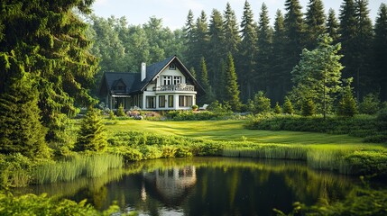 Serene lakeside house nestled in lush forest. Dream home architecture, tranquil nature escape.