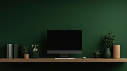 Minimalist workspace with desktop computer, plants, and books on a wooden shelf against a dark green wall.