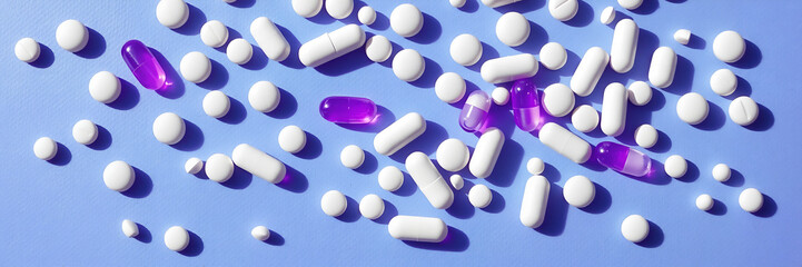 Medical Pills, Tablets and Capsules Scattered on Background. For medical, healthcare, pharmacy, drug advertising and pharmaceutical industry.