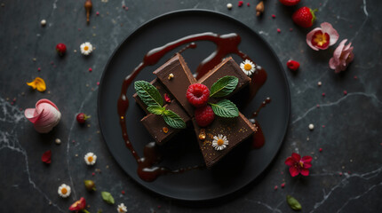 Elegant chocolate mousse dessert decorated with gold leaf, fresh raspberries and mint. Luxury restaurant menus, gourmet food magazines, or upscale catering marketing.