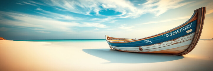 Fototapeta premium Wooden Fishing Boat on Sandy Beach Against Ocean in Beautiful Tropical Paradise. Travel, vacation, serenity, and maritime themes.